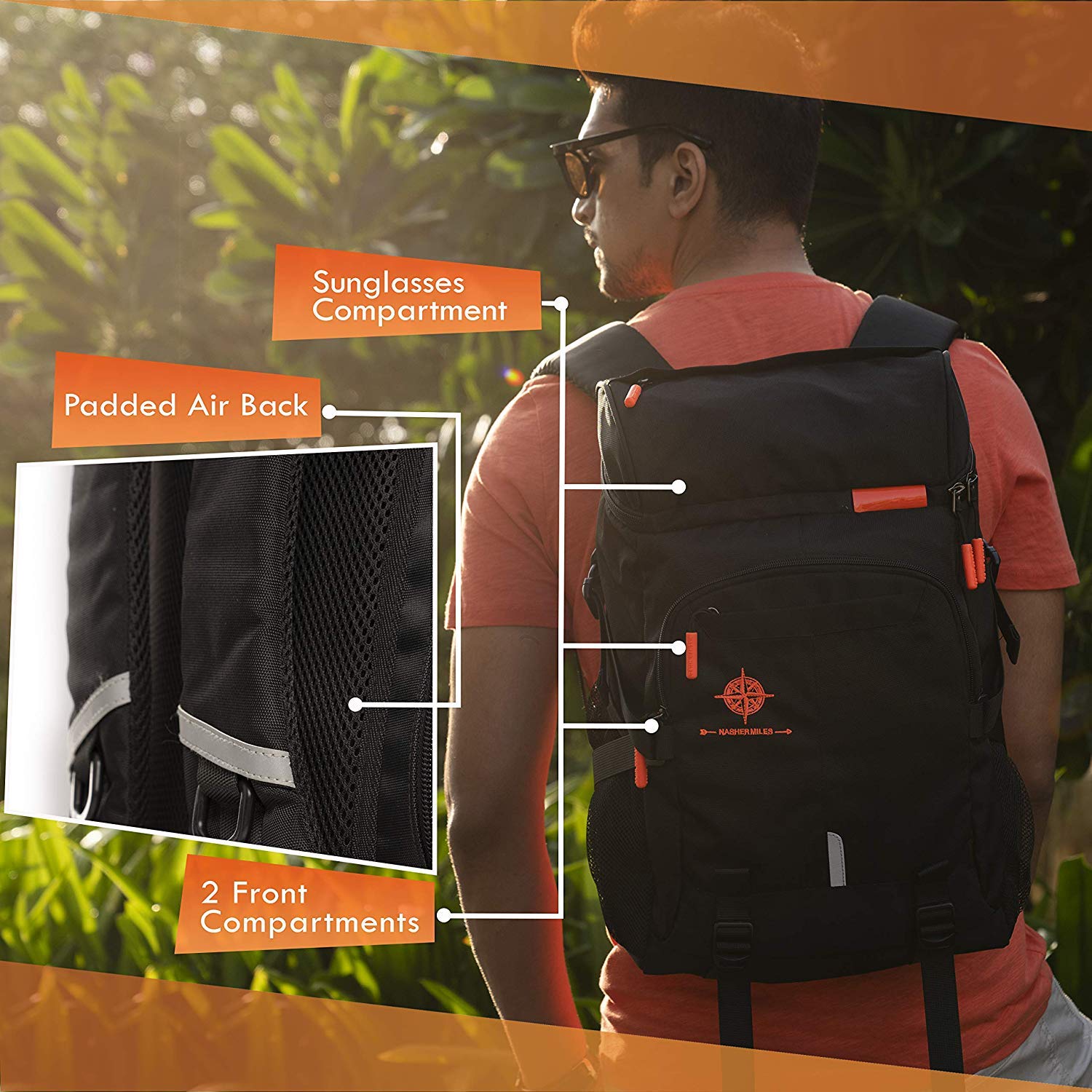 Buy Outdoor Waterproof Backpack in Black & Orange by Nasher Miles